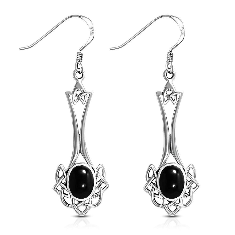 Celtic Knot Earrings - Long Knotted Drop with Black Onyx