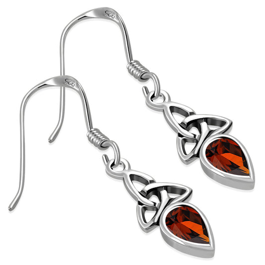Triquetra Stone Earrings - Teardrop with Red Zircon