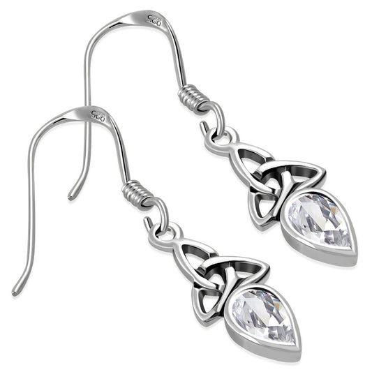 Triquetra Stone Earrings - Teardrop with Clear Zircon