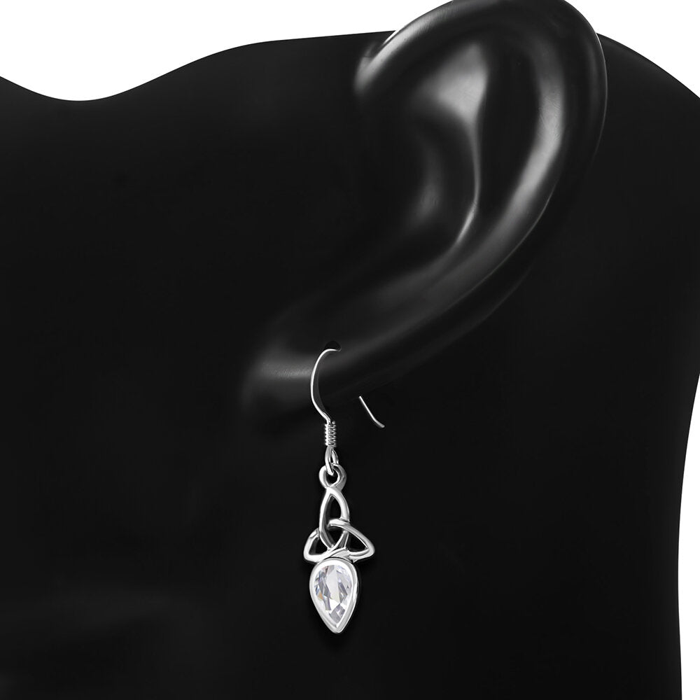 Triquetra Stone Earrings - Teardrop with Clear Zircon