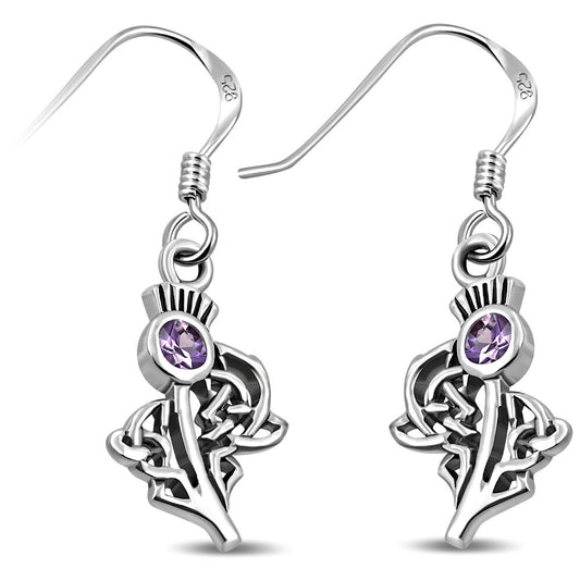 Scottish Thistle Earrings- Celtic Woven Leaf with Cut Amethyst