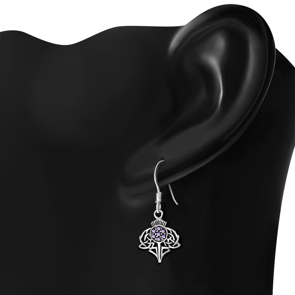 Scottish Thistle Earrings Zircon - Jewelled Crown with Celtic Knot Leaves