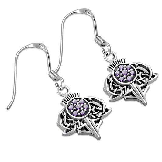 Scottish Thistle Earrings Zircon - Jewelled Crown with Celtic Knot Leaves