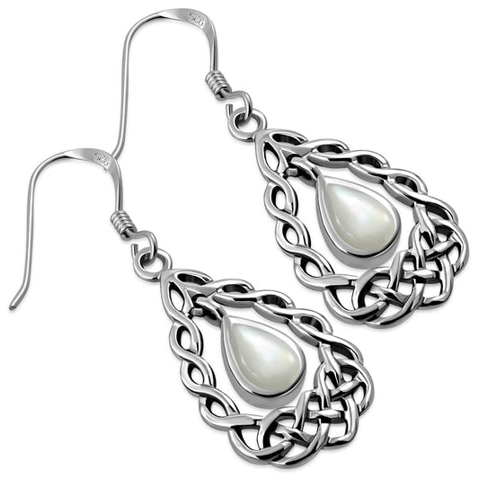 Celtic Stone Earrings - Basket Frame with Loose Mother of Pearl Drop