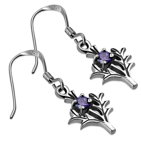 Scottish Thistle Earrings - Wee Spiky Leaf with Violet Zirconia