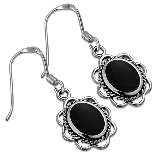 Contemporary Stone Earrings- Embroidered Border with Black Onyx