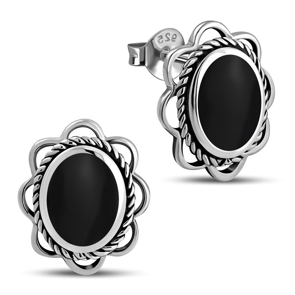 Contemporary Stone Earrings- Embroidered Border Studs with Black Onyx