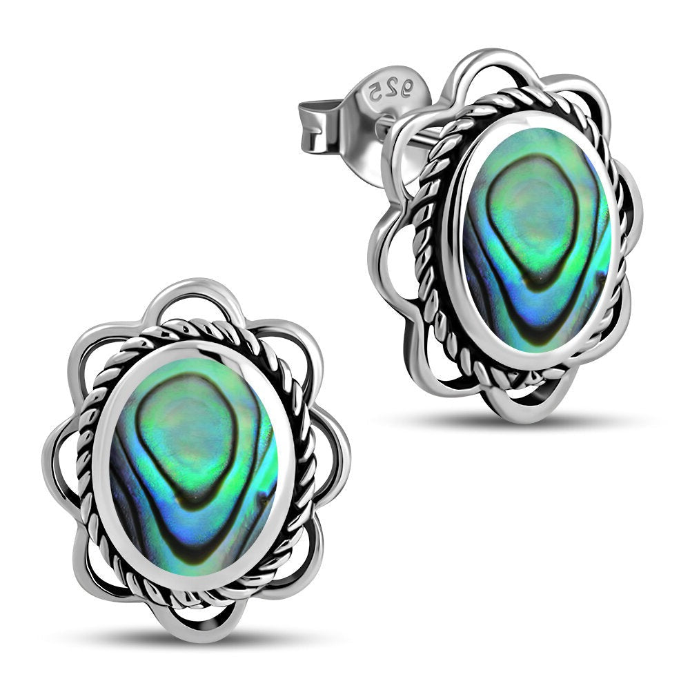 Contemporary Stone Earrings- Embroidered Border Studs with Abalone Shell
