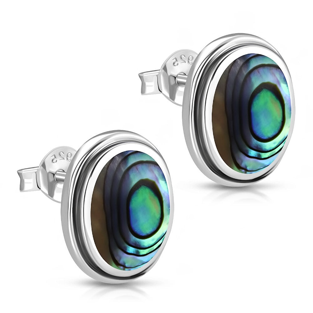 Celtic Stone Earrings- Carved Oval Setting Studs with Abalone Shell