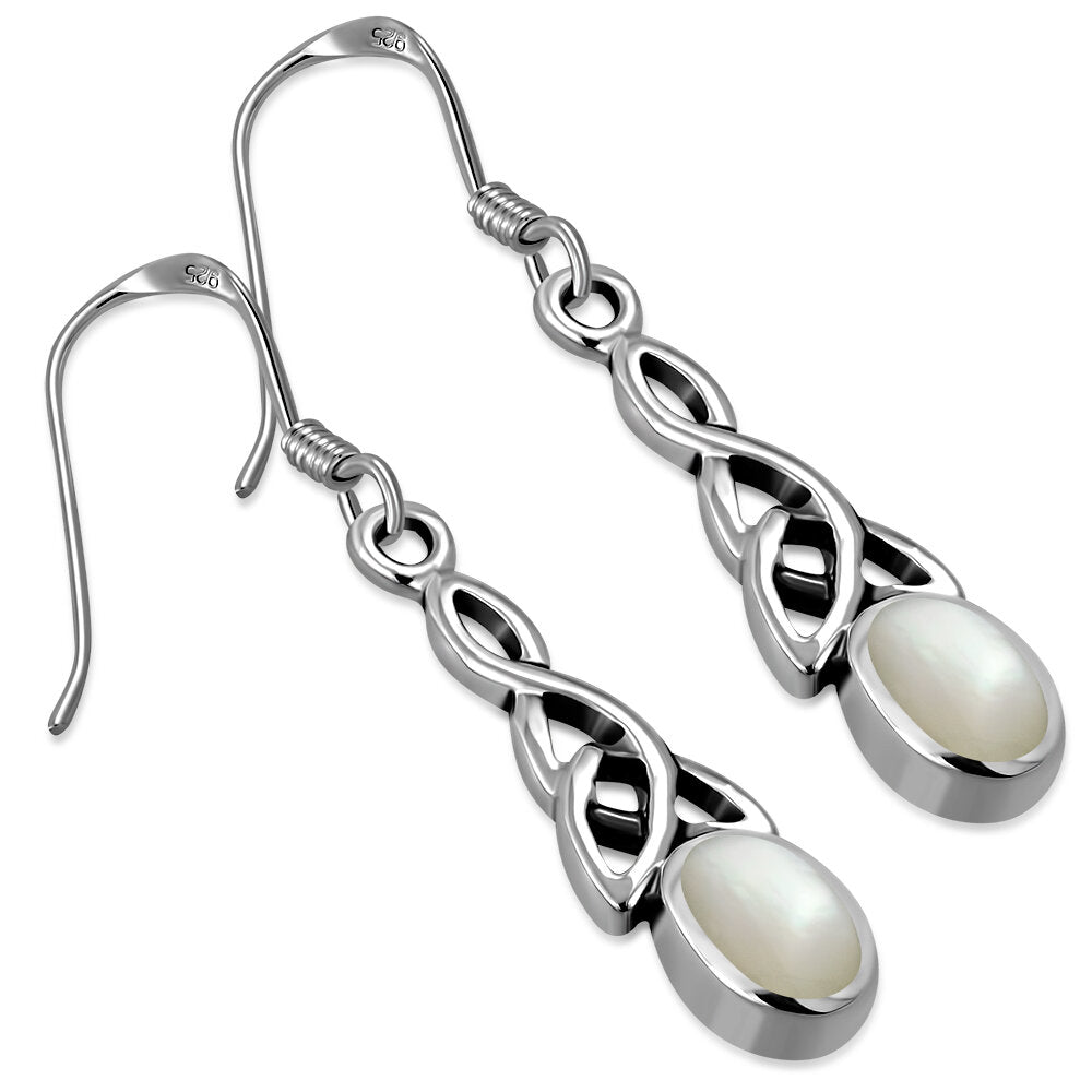 Celtic Stone Earrings- Wee Elongated Trinity with Mother of Pearl