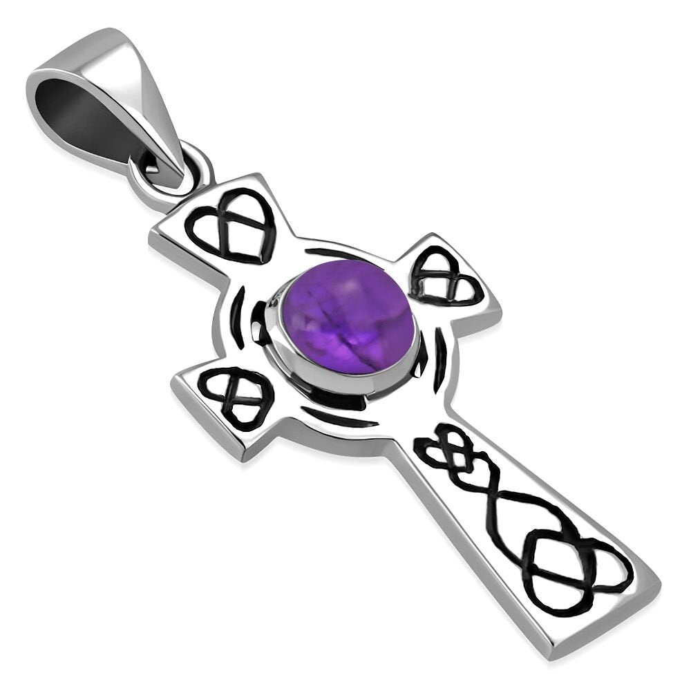 Celtic Cross Pendant - Looped Heart with Amethyst