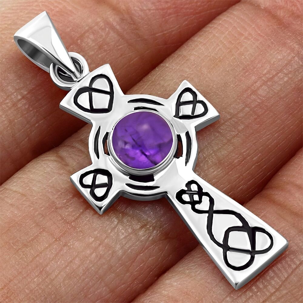 Celtic Cross Pendant - Looped Heart with Amethyst
