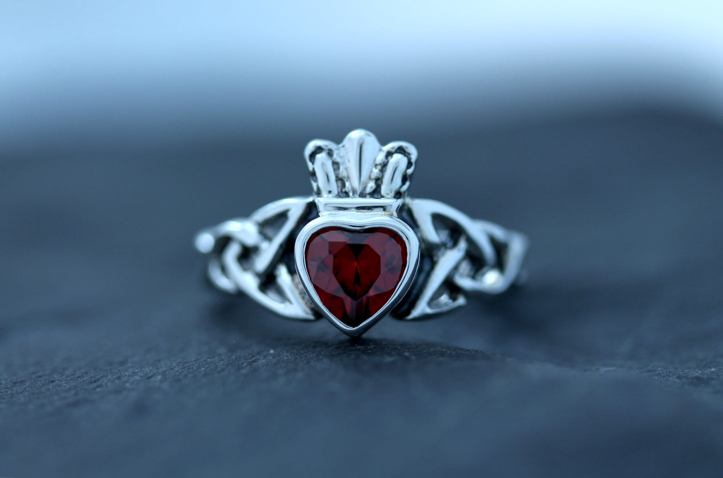 Claddagh Ring - Trinity Knot with Royal Crown with Red Zircon
