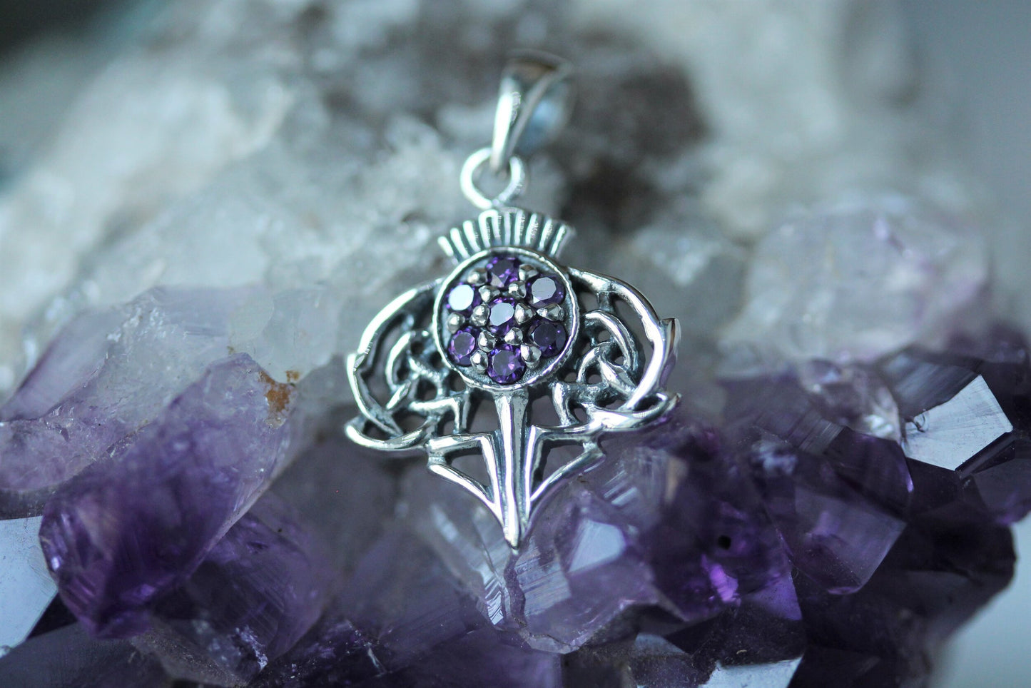 Scottish Thistle Pendant Zircon - Jewelled Crown with Celtic Knot Leaves