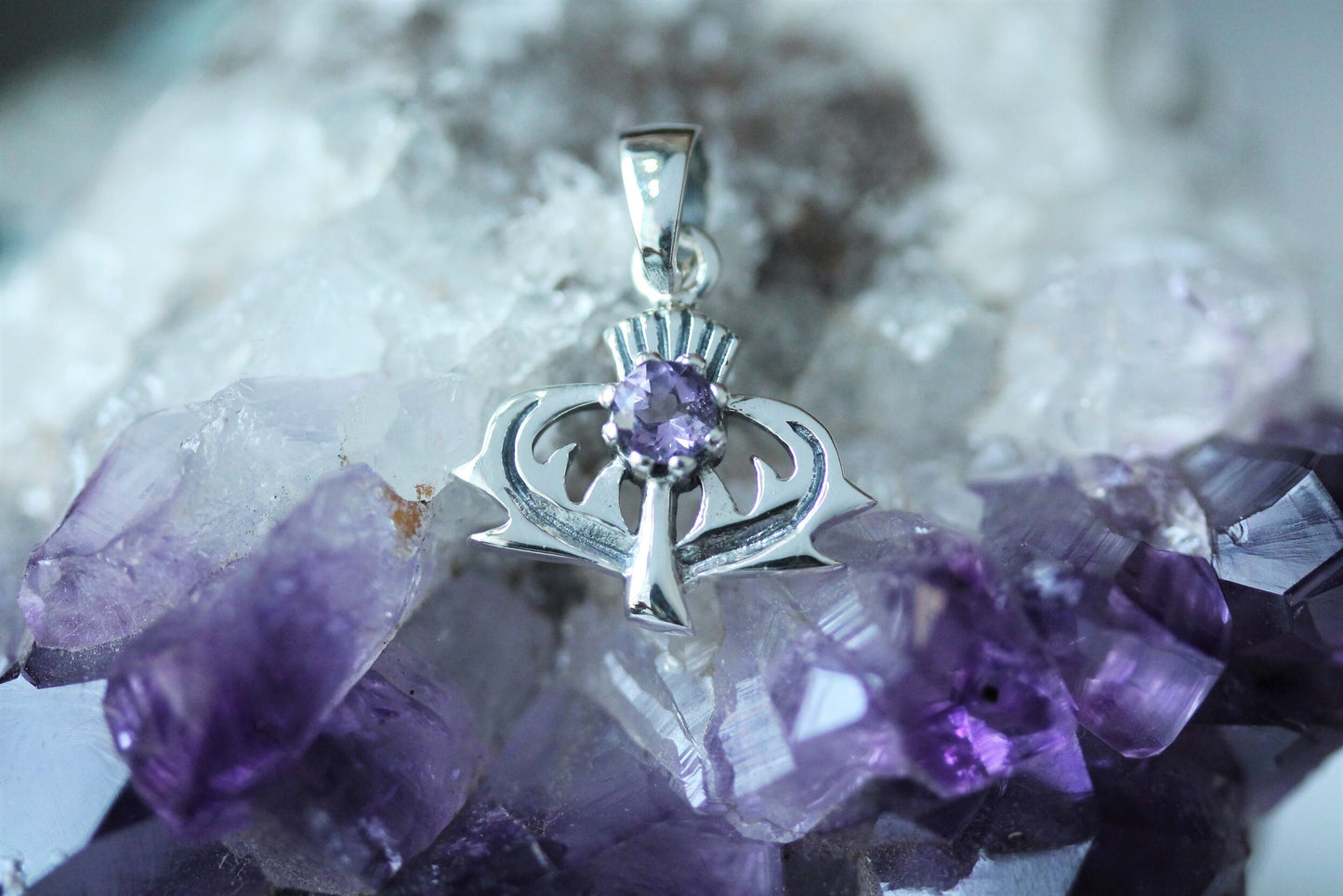 Scottish Thistle Pendant - Thorny Leaves with Cut Amethyst