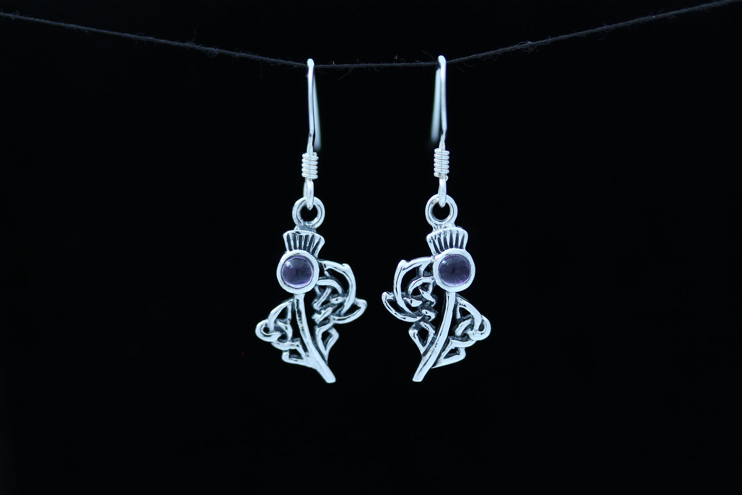 Scottish Thistle Earrings Amethyst - Celtic Woven Leaf