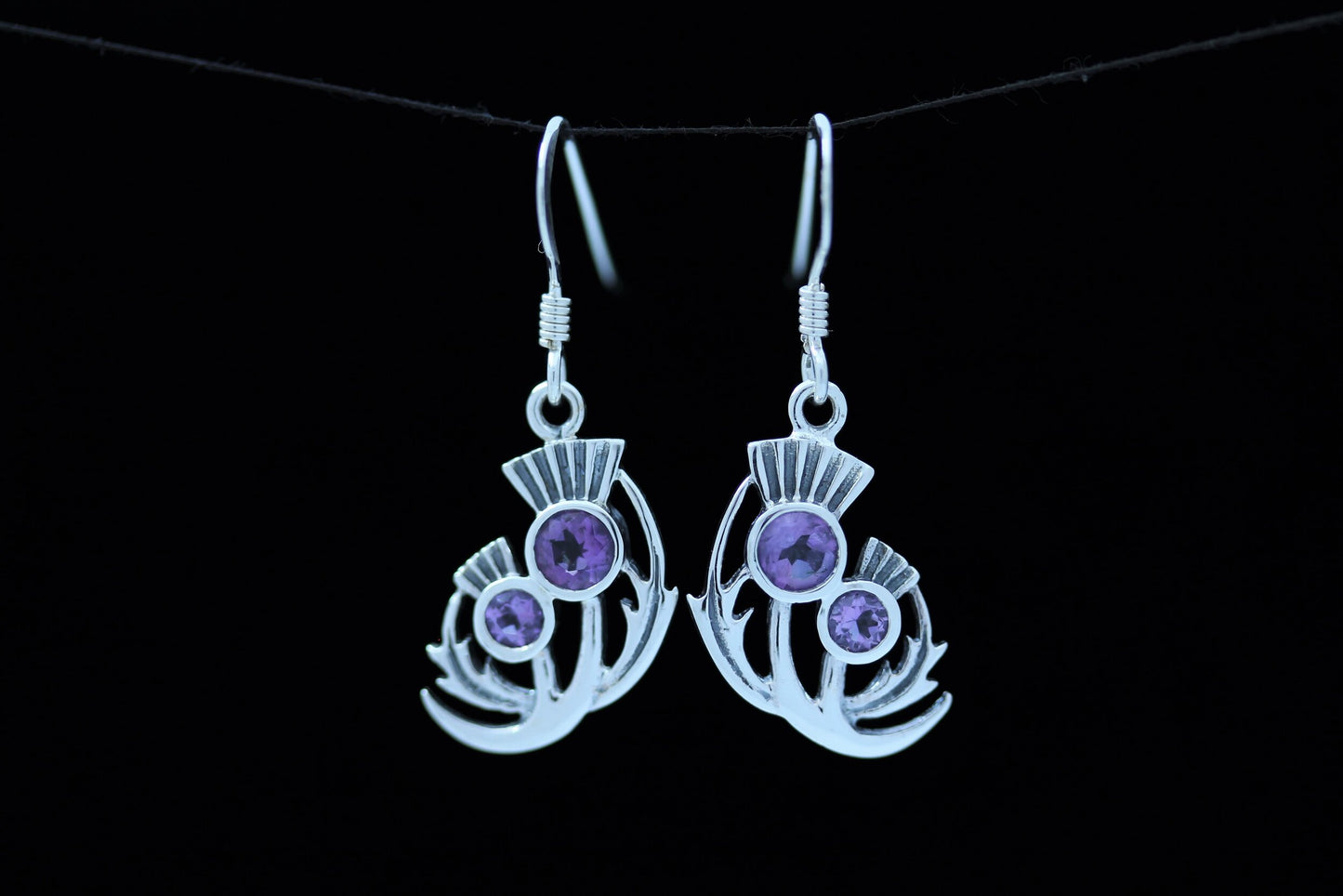 Scottish Thistle Earrings - Half Moon Leaves with Cut Amethyst