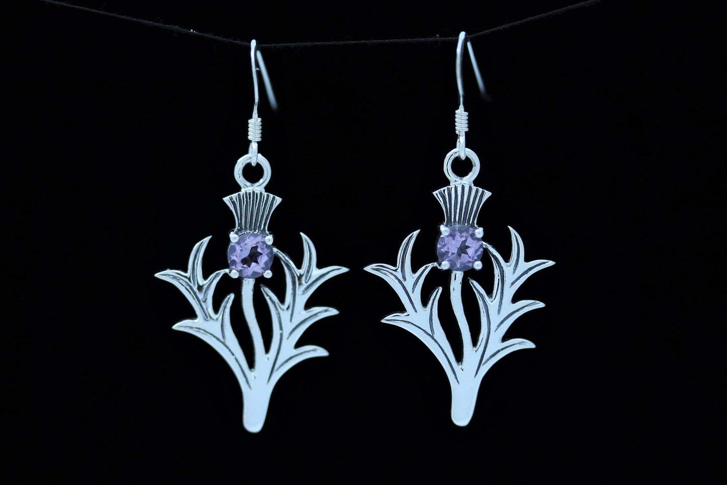 Scottish Thistle Earrings Cut Amethyst - Spiky Leaf (Large)