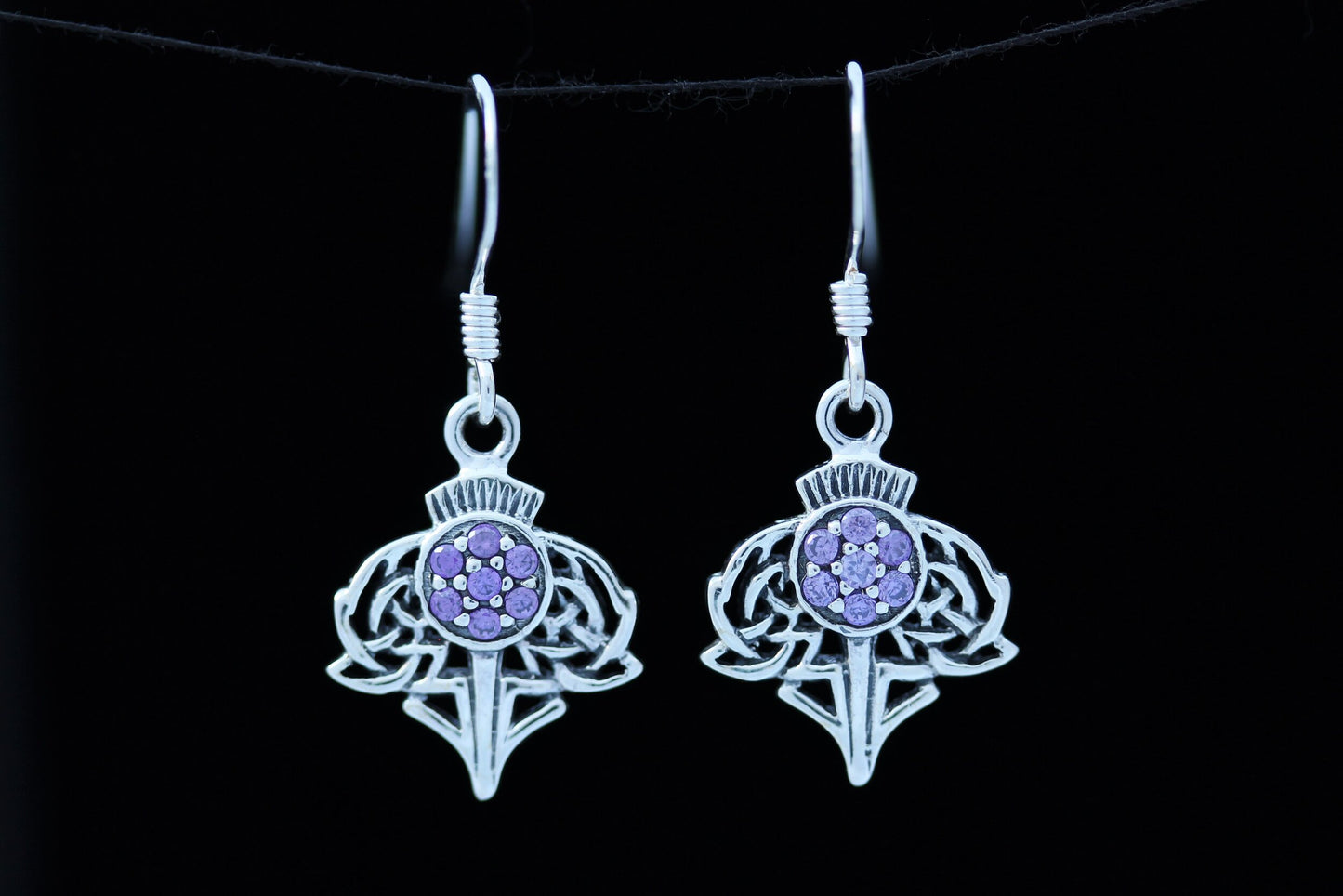 Scottish Thistle Earrings Zircon - Jewelled Crown with Celtic Knot Leaves