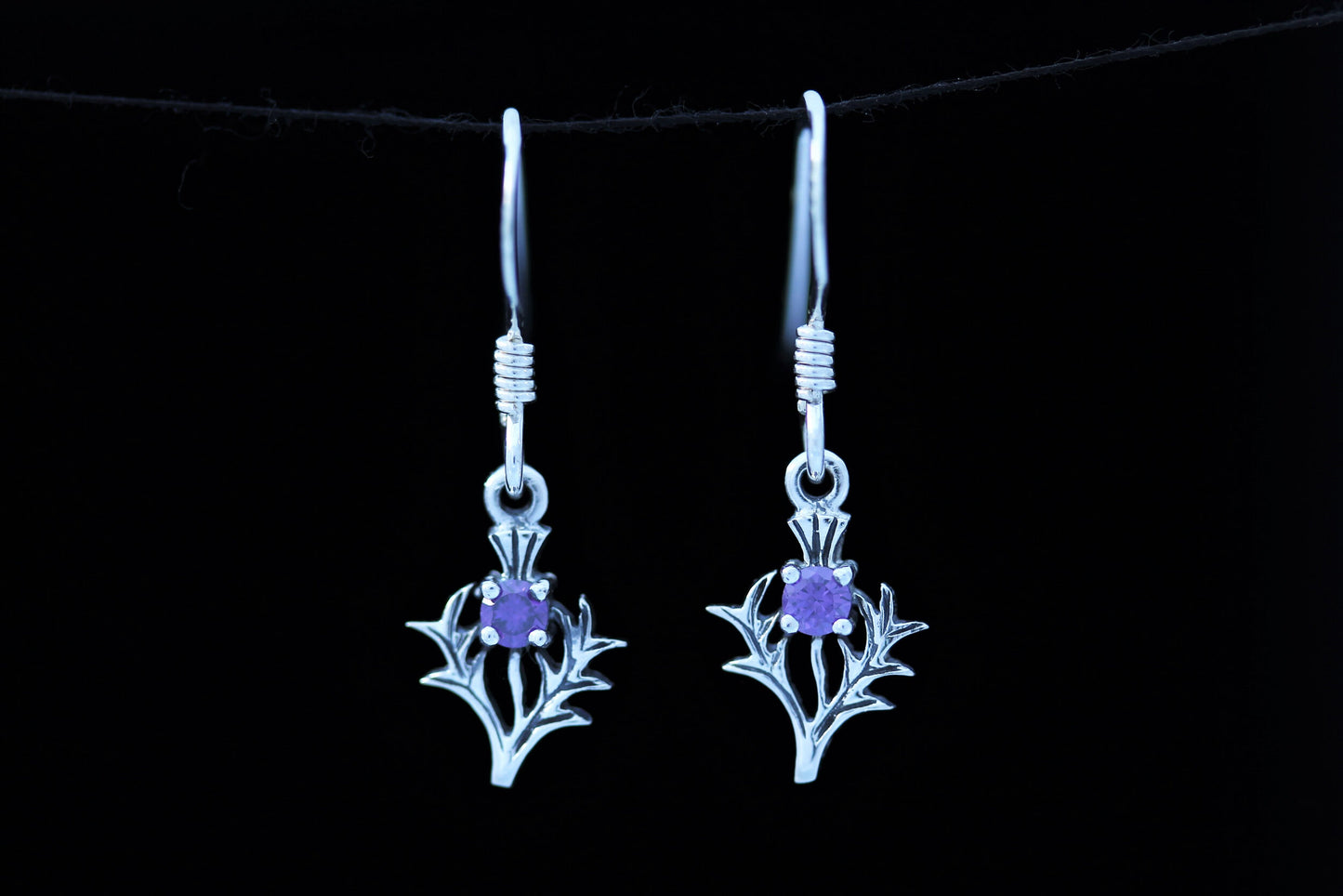 Scottish Thistle Earrings - Wee Spiky Leaf with Violet Zirconia