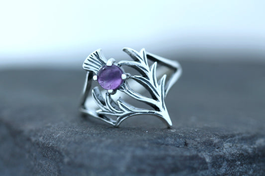 Scottish Thistle Ring - Spiky Leaf with Polished Amethyst (Large)