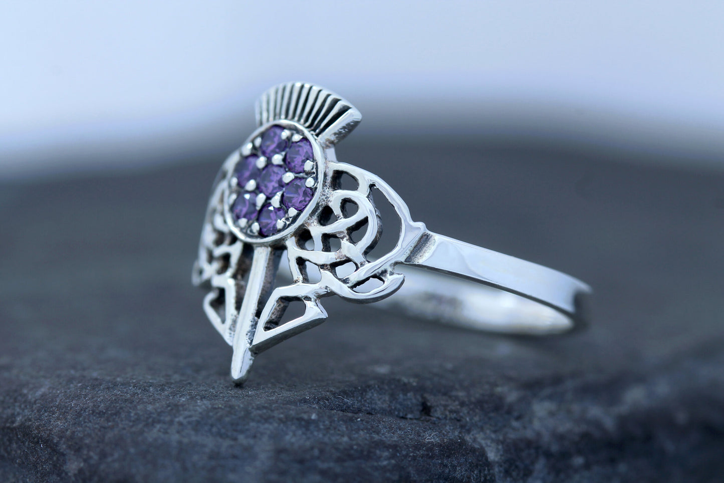 Scottish Thistle Ring - Jewelled Crown with Celtic Knot Leaves