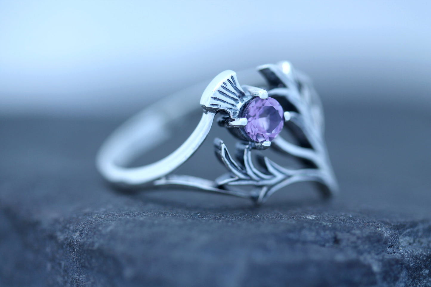 Scottish Thistle Ring - Spiky Leaf with Cut Amethyst (Large)