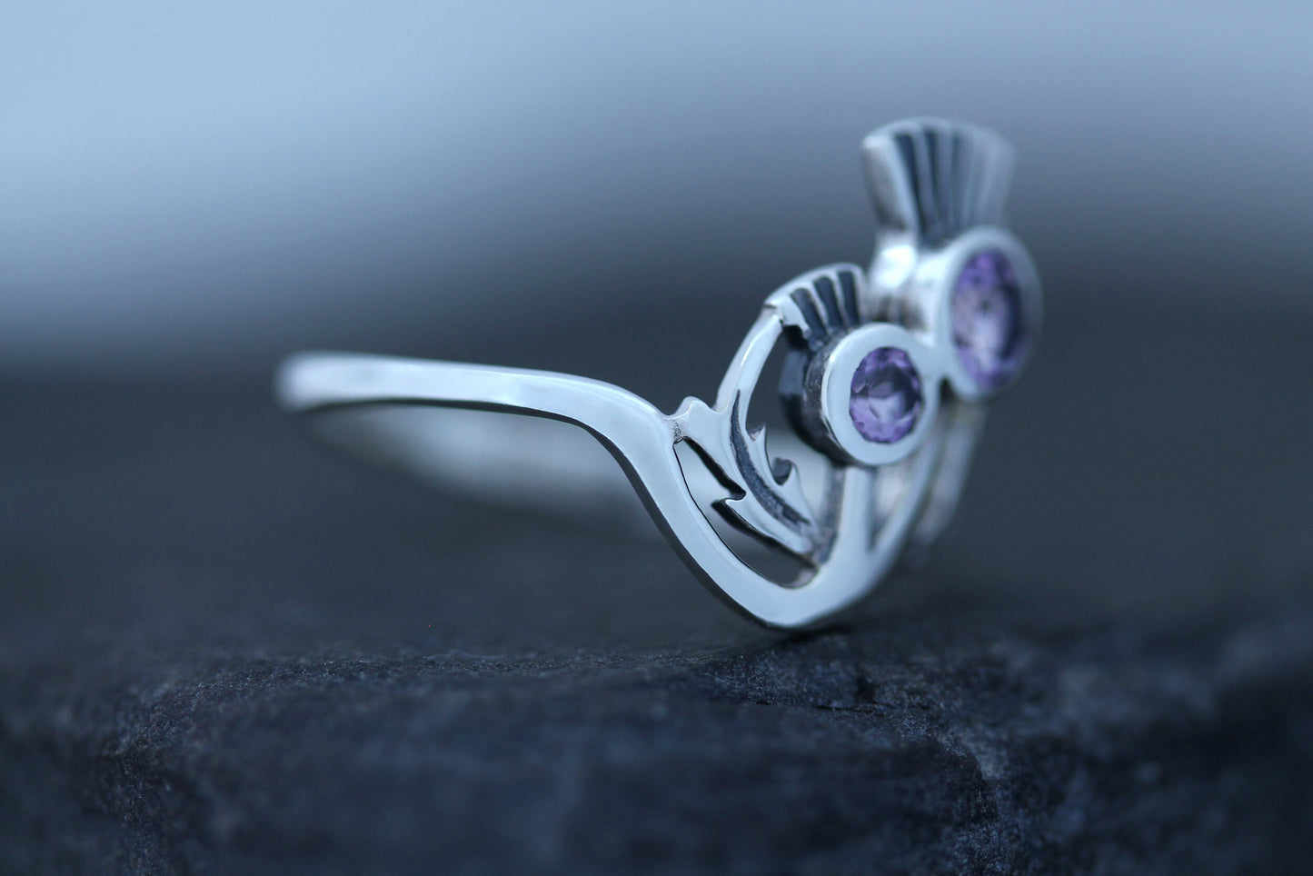 Scottish Thistle Ring - Double Flower with Cut Amethyst