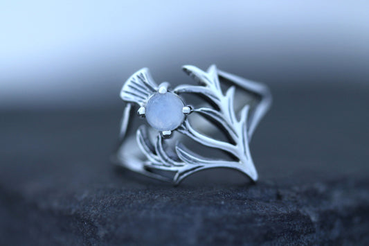 Scottish Thistle Ring - Spiky Leaf with Moonstone (Large)