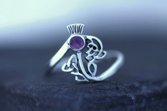 Scottish Thistle Ring - Celtic Woven Leaves with Amethyst