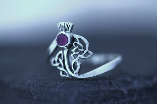 Scottish Thistle Ring - Celtic Woven Leaves with Amethyst