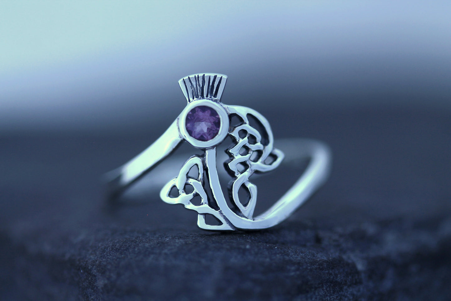Scottish Thistle Ring - Celtic Woven Leaf with Cut Amethyst