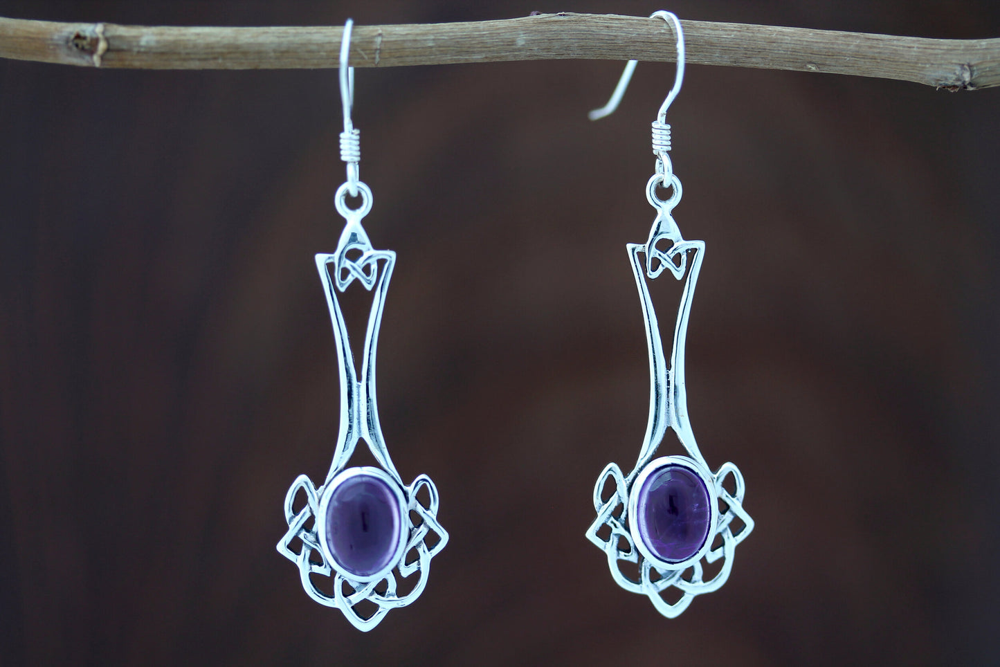 Celtic Knot Earrings - Long Knotted Drop with Amethyst