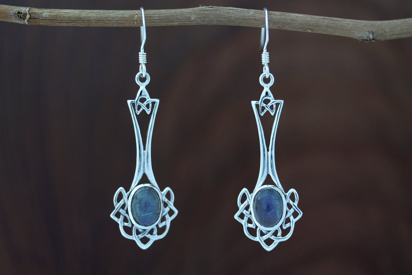 Celtic Knot Earrings - Long Knotted Drop with Labradorite