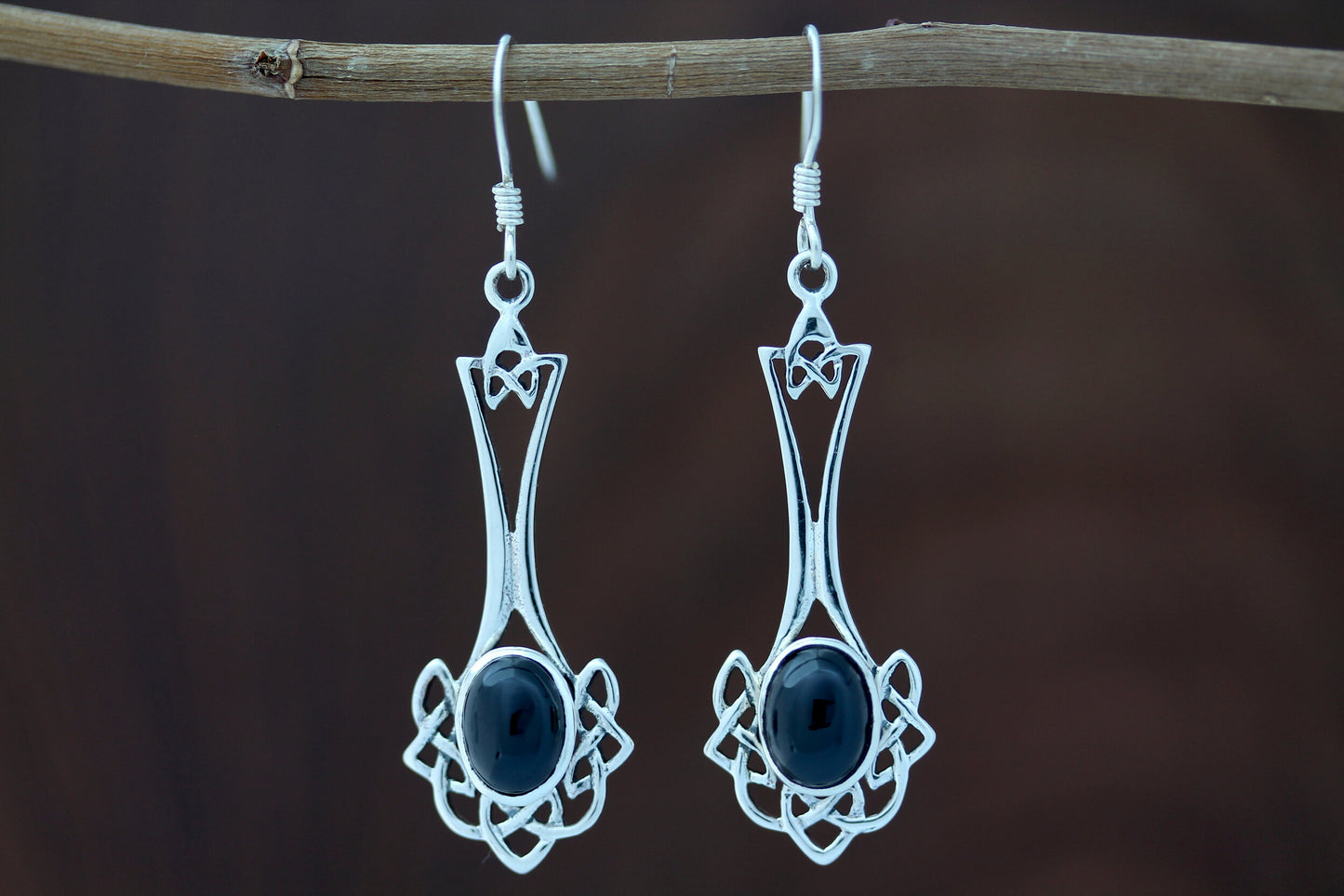 Celtic Knot Earrings - Long Knotted Drop with Black Onyx