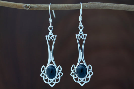 Celtic Knot Earrings - Long Knotted Drop with Black Onyx