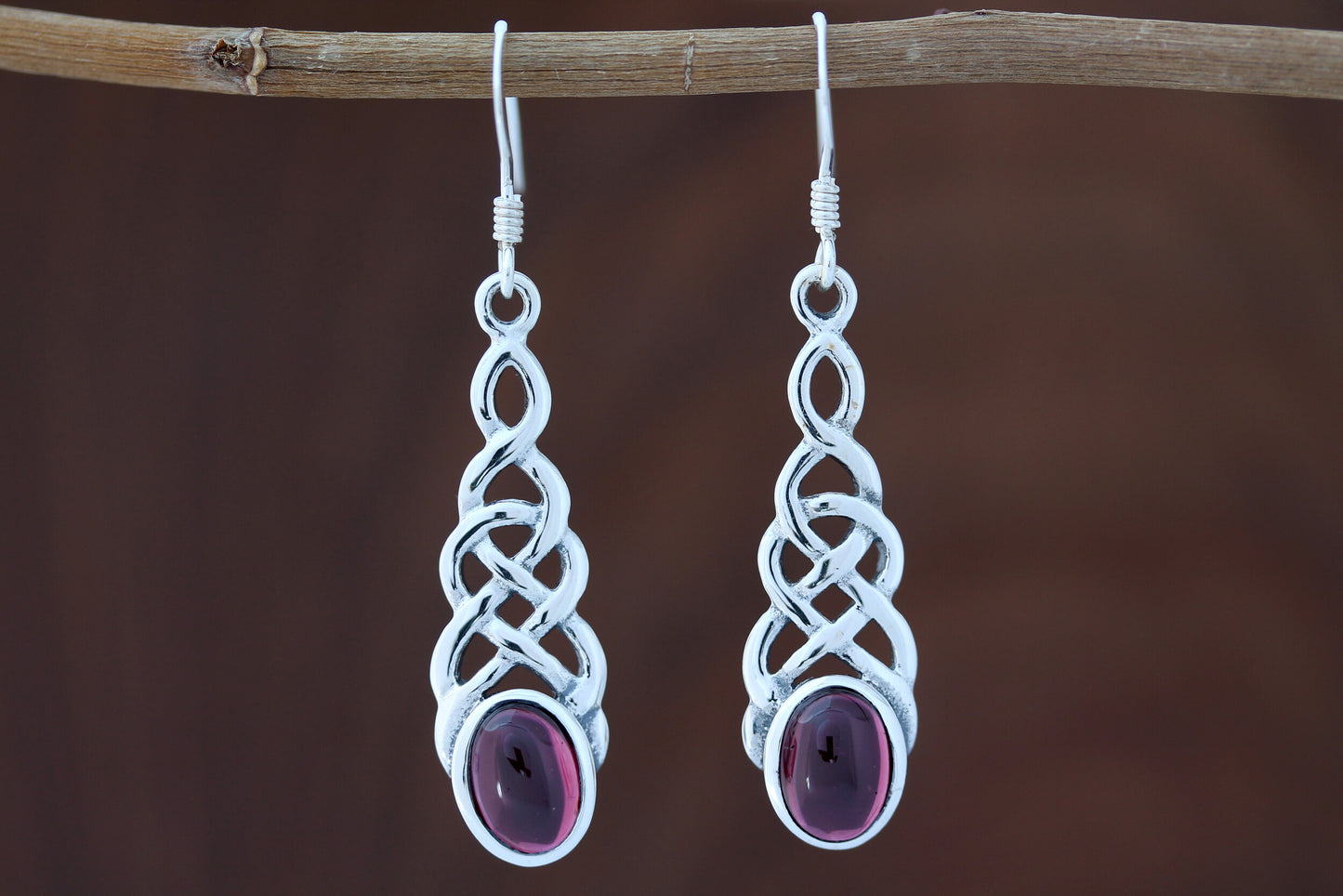 Celtic Knot Earrings - Thick Weave with Red Garnet