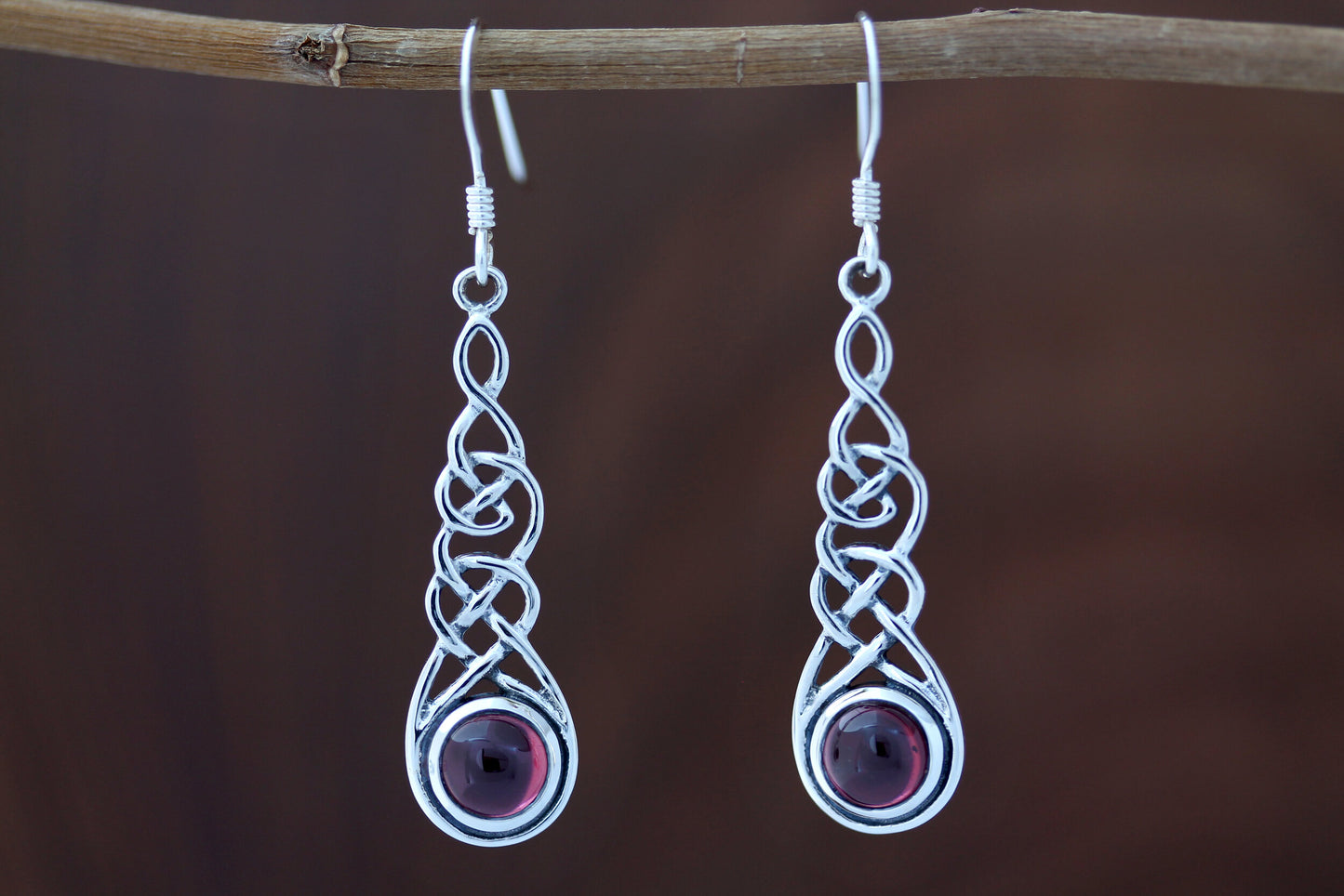 Celtic Knot Earrings - Thin Weave with Red Garnet