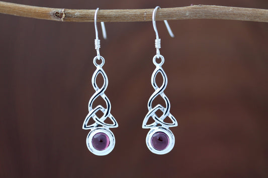Triquetra Earrings - Looped Triquetra with Red Garnet