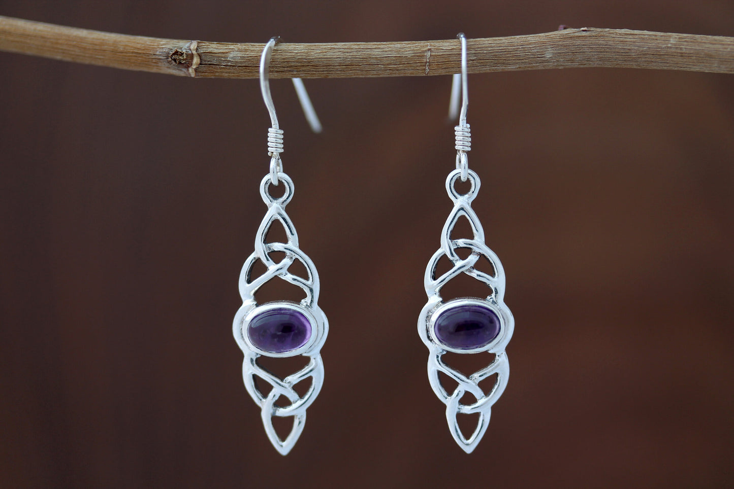 Triquetra Earrings - Double Trinity with Amethyst Centre
