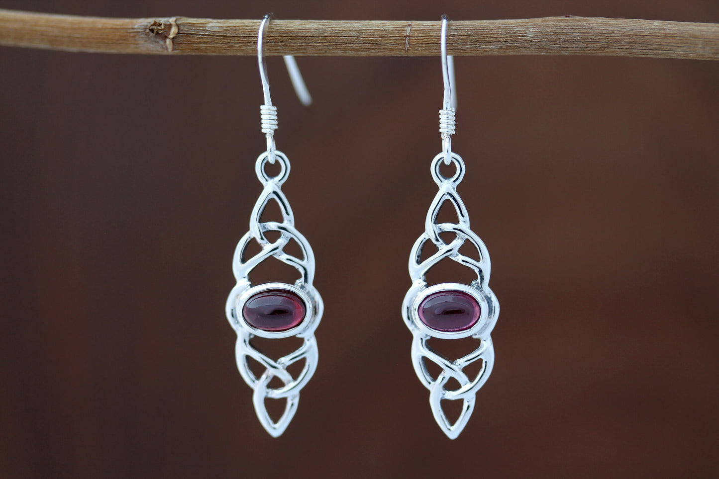 Triquetra Earrings - Double Trinity with Red Garnet Centre