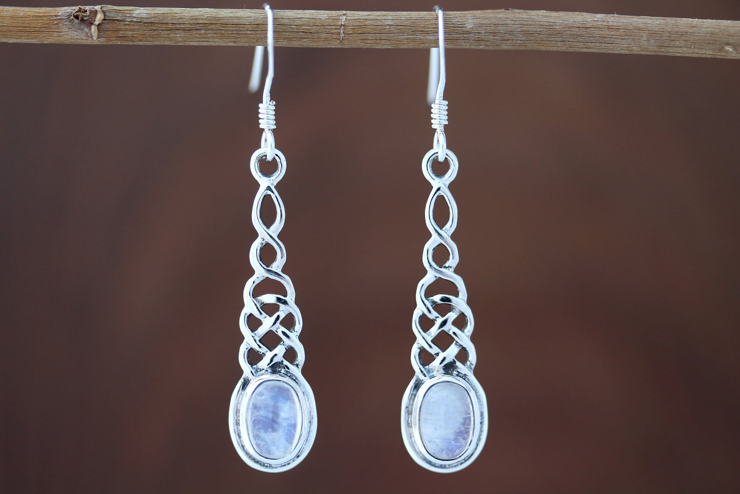 Celtic Knot Earrings - Elongated Twist with Moonstone