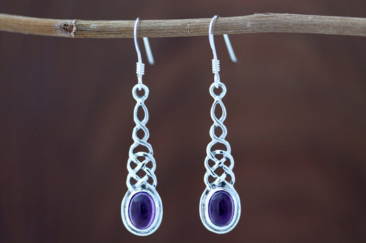 Celtic Knot Earrings - Elongated Twist with Amethyst