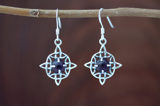 Celtic Knot Earrings - Dara Knot with Red Garnet