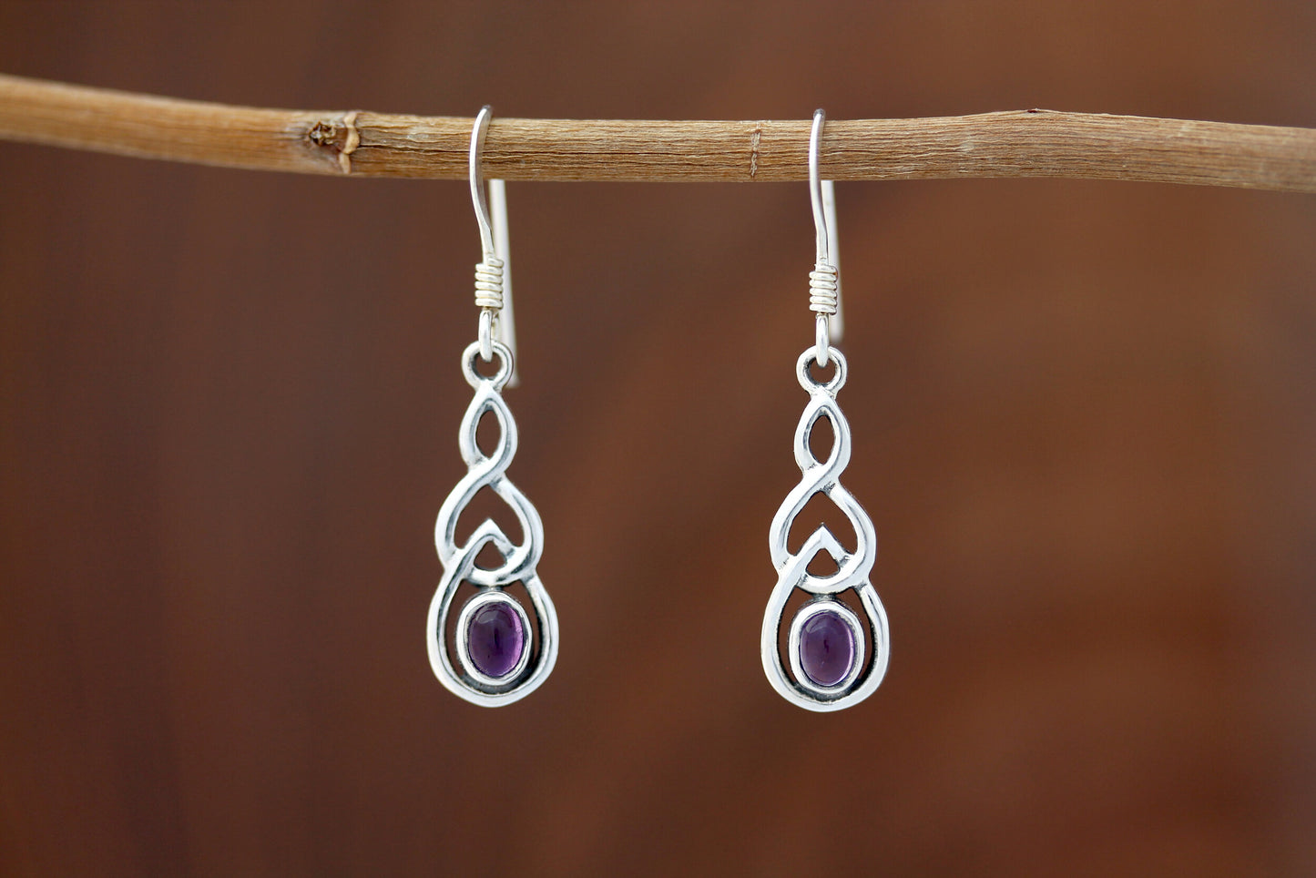Celtic Knot Earrings - Interlocked Arms with Amethyst