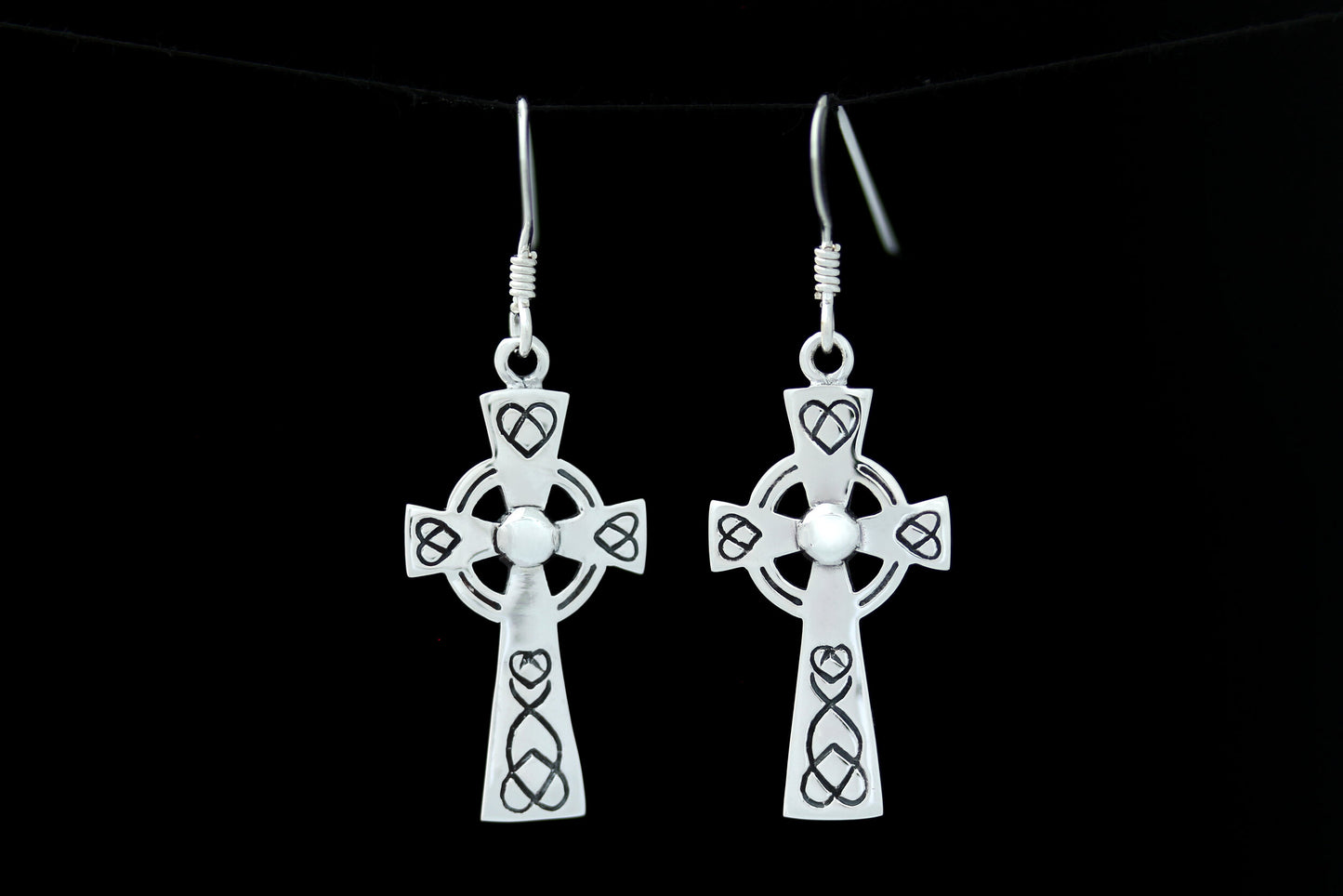 Celtic Cross Earrings - Etched Looped Hearts