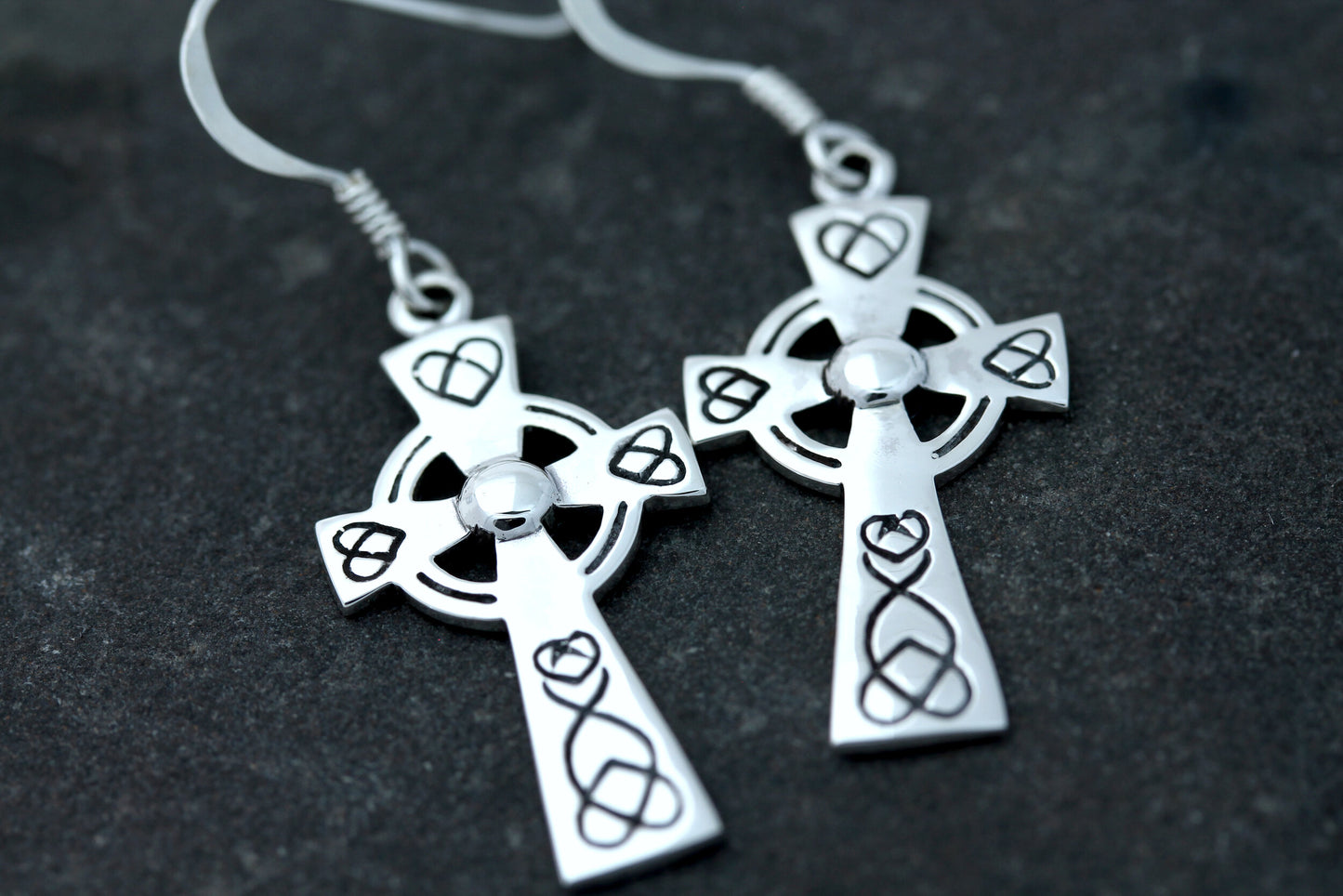Celtic Cross Earrings - Etched Looped Hearts