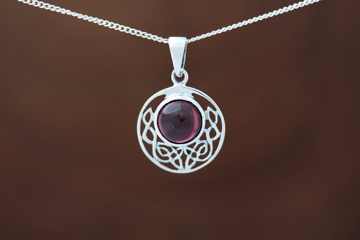 Celtic Stone Pendant - Round Half Moon Knot with Garnet