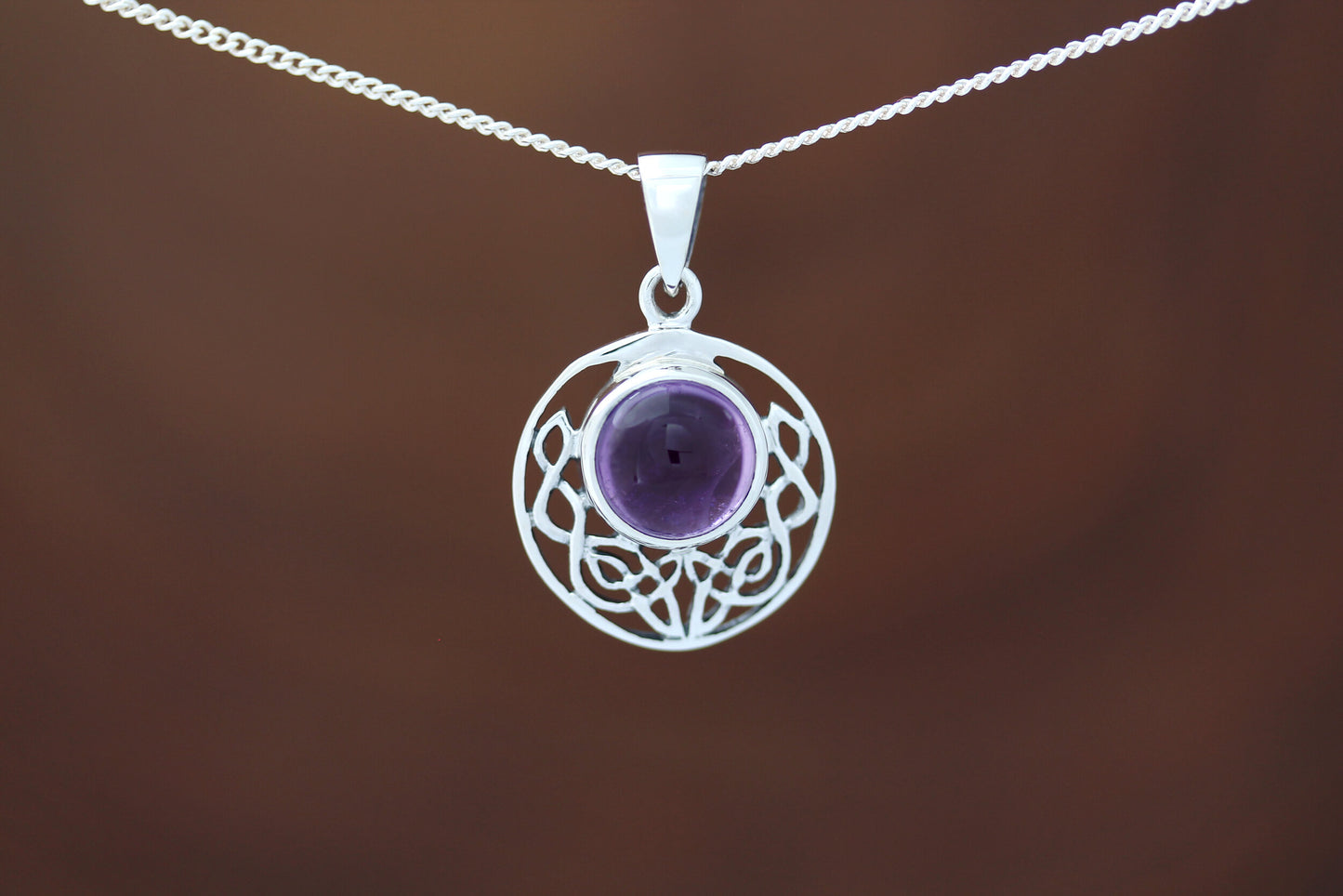 Celtic Stone Pendant - Round Half Moon Knot with Amethyst