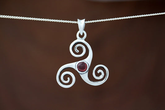 Triskele Stone Pendant - Triple Spiral with Red Garnet